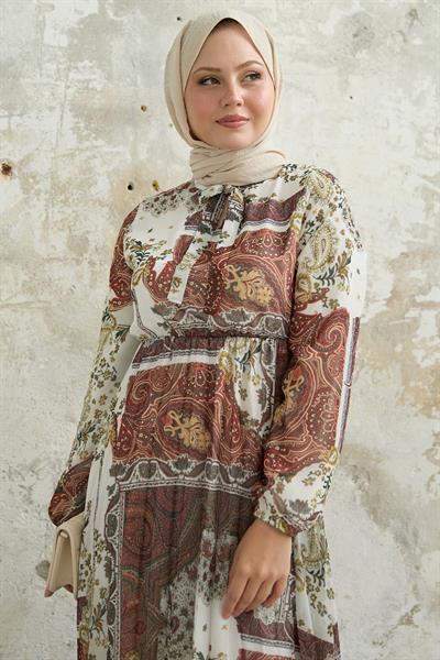Viera Şal Desenli Yakası Kuşaklı Beyaz Şifon Elbise