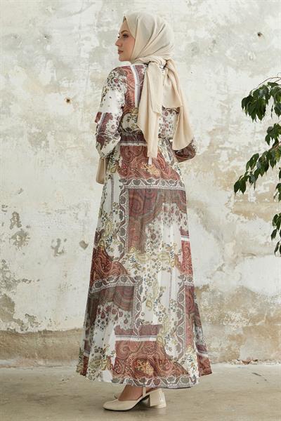 Viera Şal Desenli Yakası Kuşaklı Beyaz Şifon Elbise