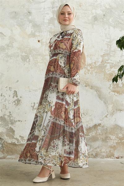 Viera Şal Desenli Yakası Kuşaklı Beyaz Şifon Elbise