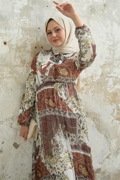 Viera Şal Desenli Yakası Kuşaklı Beyaz Şifon Elbise