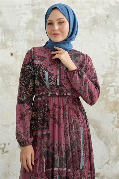 Viera Şal Desenli Yakası Kuşaklı Gül Kurusu Şifon Elbise