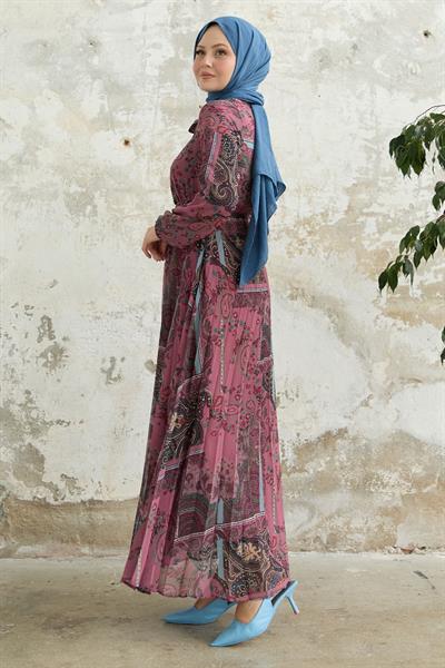 Viera Şal Desenli Yakası Kuşaklı Gül Kurusu Şifon Elbise