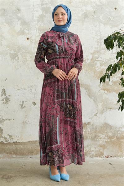 Viera Şal Desenli Yakası Kuşaklı Gül Kurusu Şifon Elbise