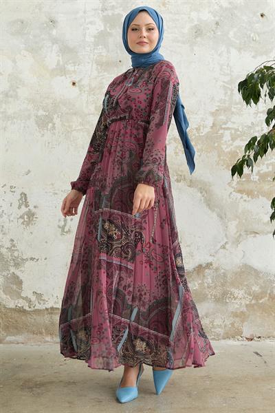 Viera Şal Desenli Yakası Kuşaklı Gül Kurusu Şifon Elbise