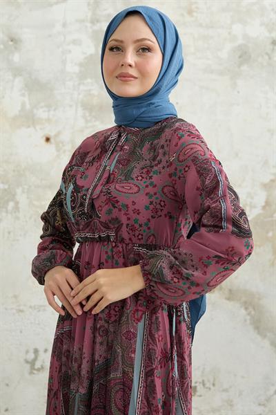 Viera Şal Desenli Yakası Kuşaklı Gül Kurusu Şifon Elbise