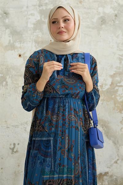 Viera Şal Desenli Yakası Kuşaklı Mavi Şifon Elbise