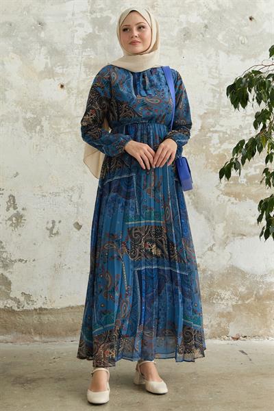 Viera Şal Desenli Yakası Kuşaklı Mavi Şifon Elbise