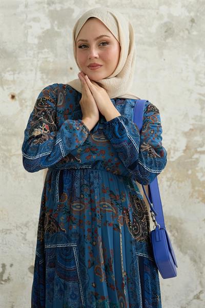 Viera Şal Desenli Yakası Kuşaklı Mavi Şifon Elbise