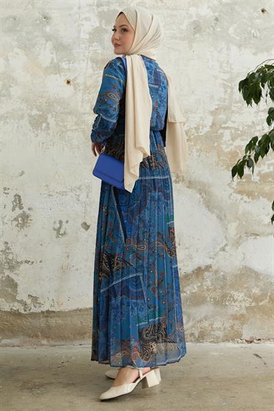 Viera Şal Desenli Yakası Kuşaklı Mavi Şifon Elbise