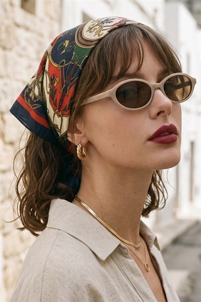 Vintage Desenli Lacivert-Turuncu Bandana Fular 50x50