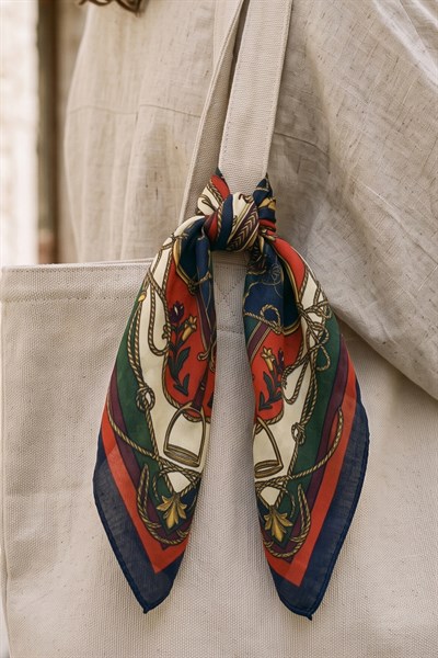 Vintage Desenli Lacivert-Turuncu Bandana Fular 50x50