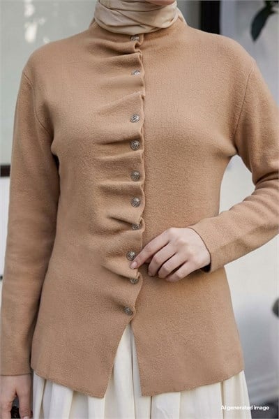Volanlı Düğmeli Camel Triko Hırka