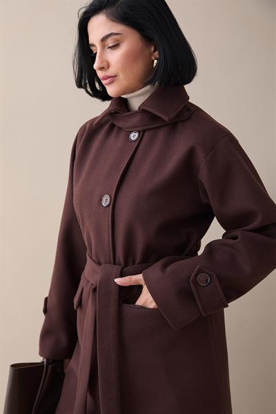 Yakası Apoletli Kapak Cep Acı Kahve Kaşe Kaban