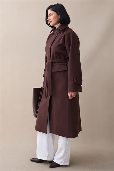 Yakası Apoletli Kapak Cep Acı Kahve Kaşe Kaban