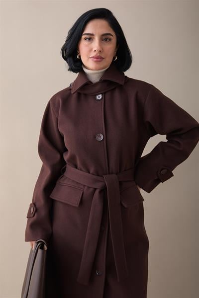 Yakası Apoletli Kapak Cep Acı Kahve Kaşe Kaban