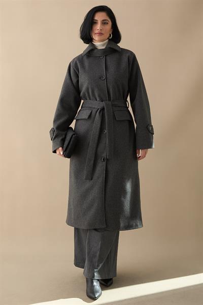 Yakası Apoletli Kapak Cep Antrasit Kaşe Kaban