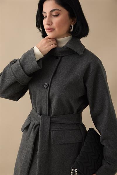 Yakası Apoletli Kapak Cep Antrasit Kaşe Kaban