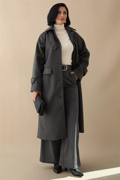 Yakası Apoletli Kapak Cep Antrasit Kaşe Kaban