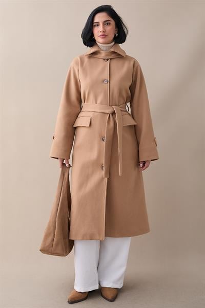 Yakası Apoletli Kapak Cep Camel Kaşe Kaban