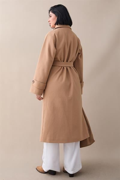Yakası Apoletli Kapak Cep Camel Kaşe Kaban