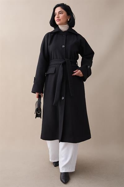 Yakası Apoletli Kapak Cep Siyah Kaşe Kaban