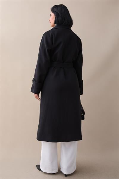 Yakası Apoletli Kapak Cep Siyah Kaşe Kaban