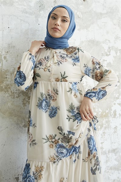 Laced Neck Floral Blue Chiffon Dress