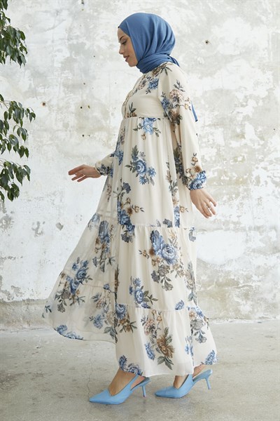 Laced Neck Floral Blue Chiffon Dress