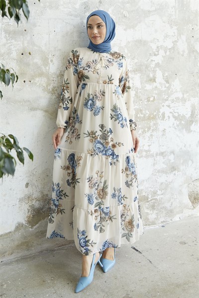 Laced Neck Floral Blue Chiffon Dress
