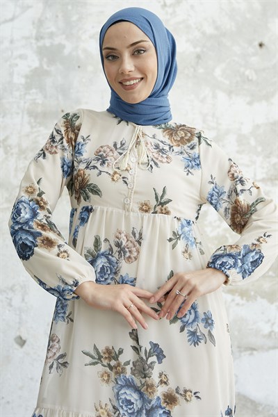 Laced Neck Floral Blue Chiffon Dress