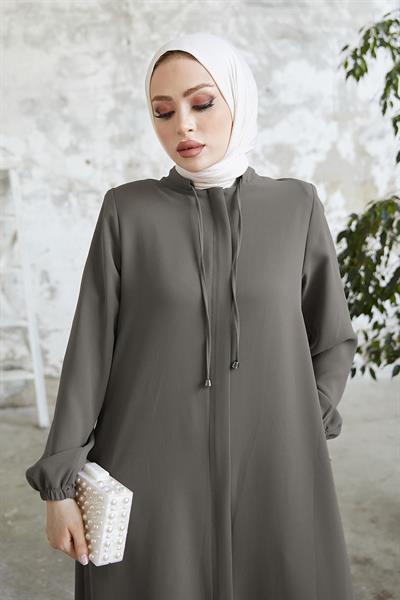 Yakası Bağcıklı Gizli Patlı Gri Ferace