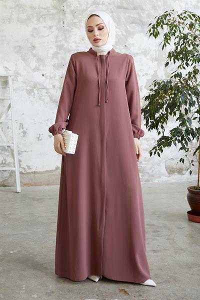 Yakası Bağcıklı Gizli Patlı Gül Kurusu Ferace