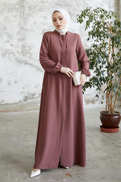 Yakası Bağcıklı Gizli Patlı Gül Kurusu Ferace