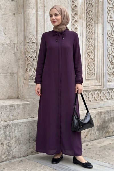 Yakası Bağcıklı Gizli Patlı Mürdüm Ferace