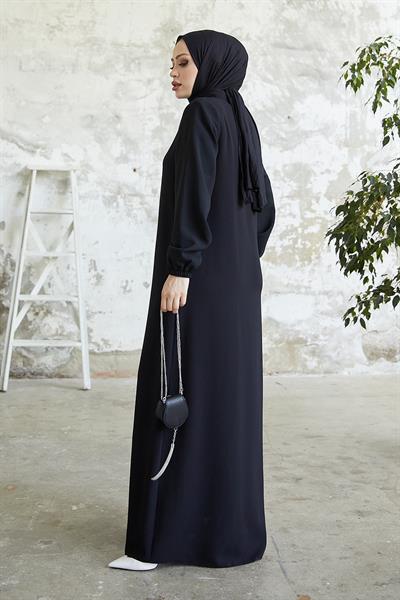 Yakası Bağcıklı Gizli Patlı Siyah Ferace