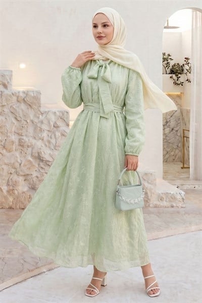 Yakası Bağcıklı Kuşaklı Mint Yeşili Elbise
