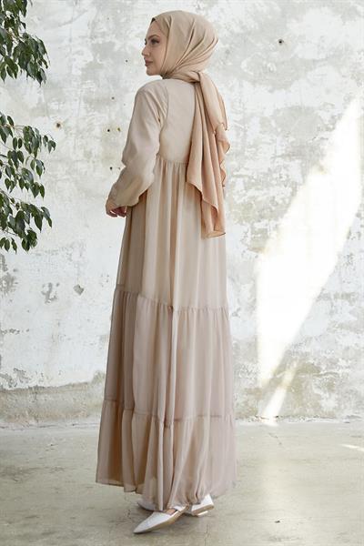 Yakası Bağcıklı Yoryo Açık Bej Şifon Elbise