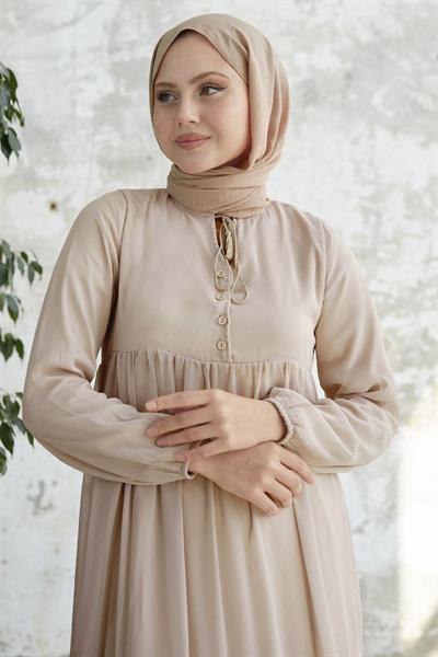 Yakası Bağcıklı Yoryo Açık Bej Şifon Elbise