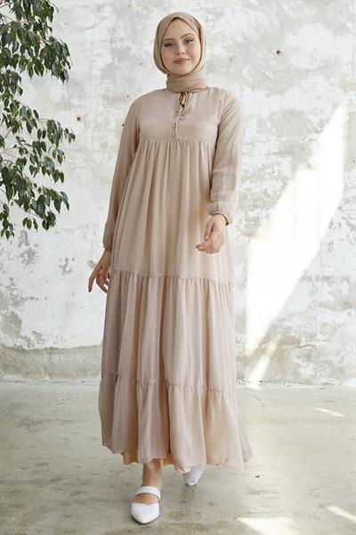 Yakası Bağcıklı Yoryo Açık Bej Şifon Elbise