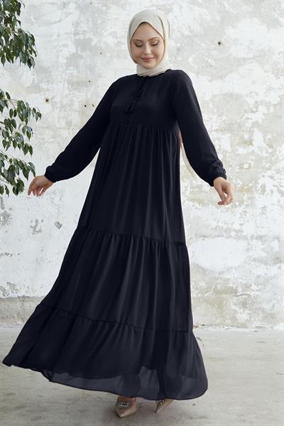 Yakası Bağcıklı Yoryo Koyu Lacivert Şifon Elbise