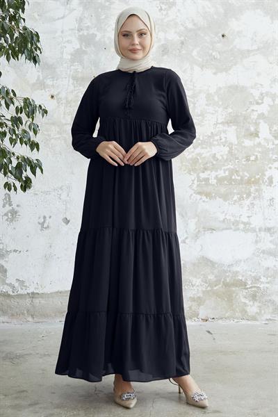 Yakası Bağcıklı Yoryo Koyu Lacivert Şifon Elbise