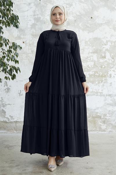 Yakası Bağcıklı Yoryo Koyu Lacivert Şifon Elbise