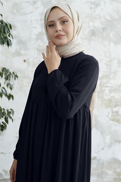 Yakası Bağcıklı Yoryo Koyu Lacivert Şifon Elbise