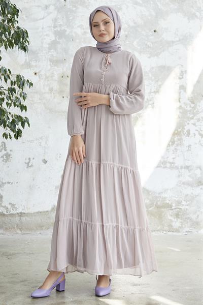 Yakası Bağcıklı Yoryo Pudra Şifon Elbise