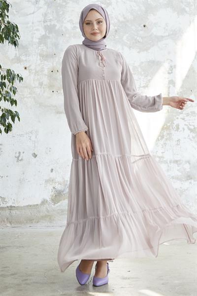 Yakası Bağcıklı Yoryo Pudra Şifon Elbise