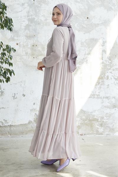 Yakası Bağcıklı Yoryo Pudra Şifon Elbise