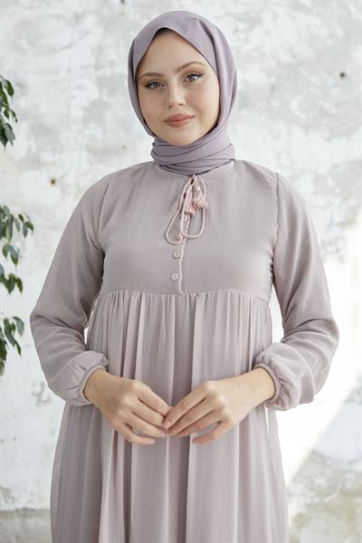 Yakası Bağcıklı Yoryo Pudra Şifon Elbise