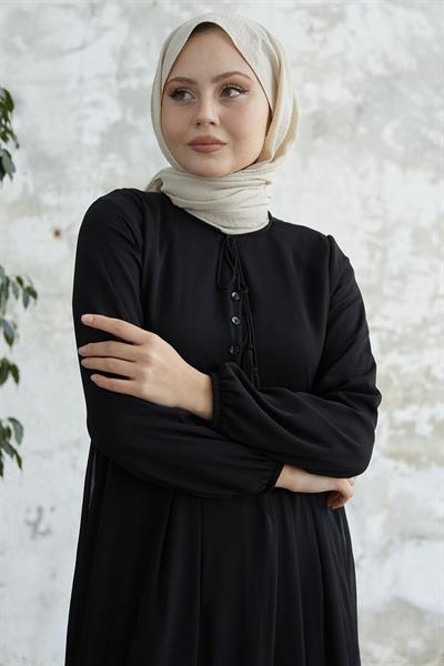 Yakası Bağcıklı Yoryo Siyah Şifon Elbise