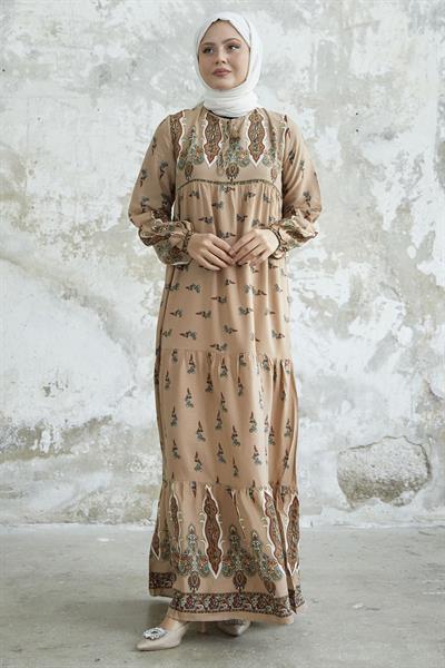 Yakası Bağlamalı Desenli Bej Viskon Elbise