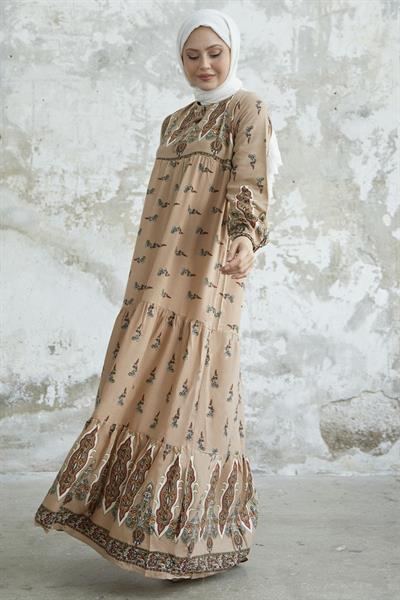 Yakası Bağlamalı Desenli Bej Viskon Elbise